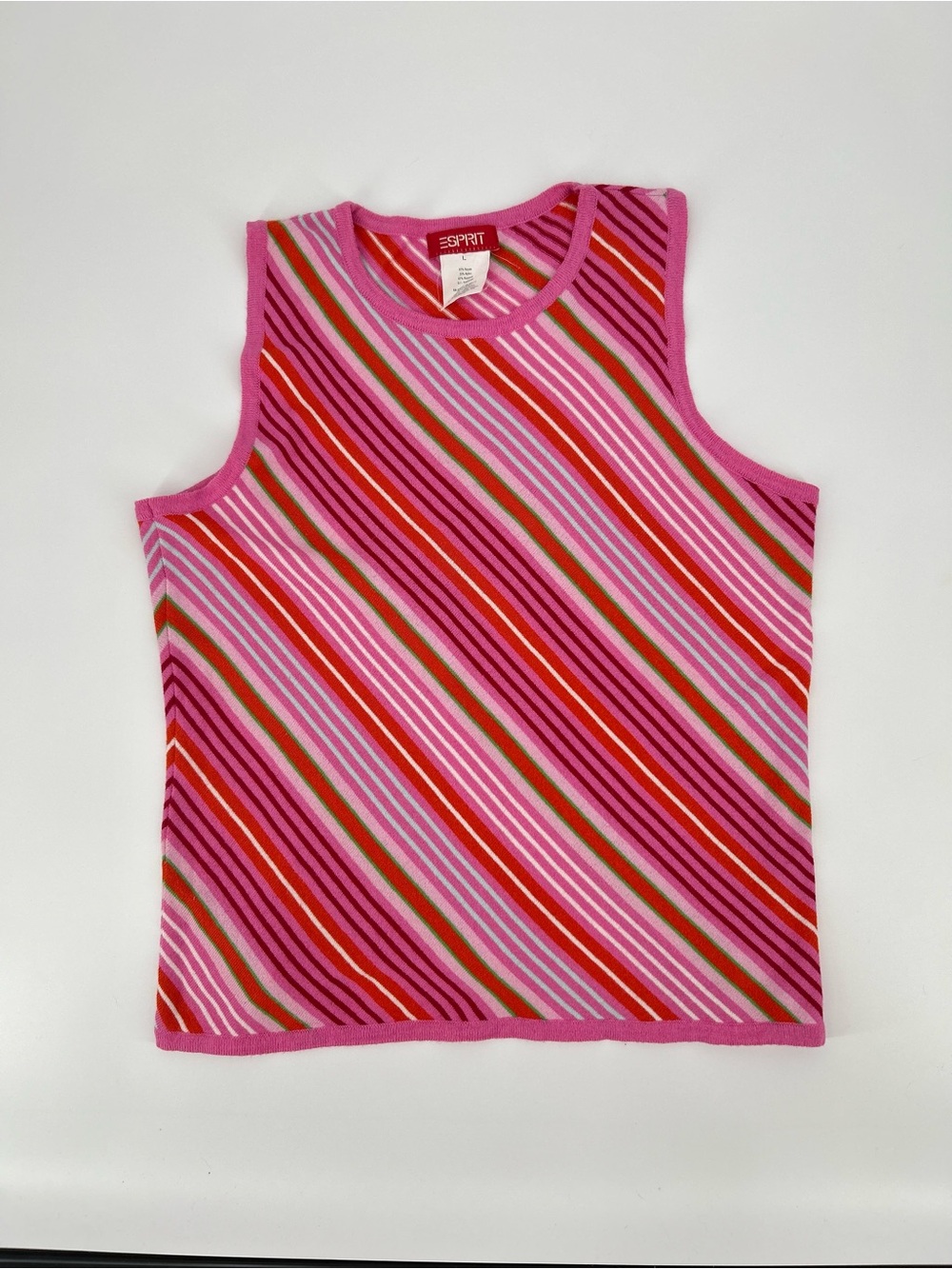 Vintage 90s/Y2K Esprit Diagonal Striped Knit Tank Top Pink Red Large